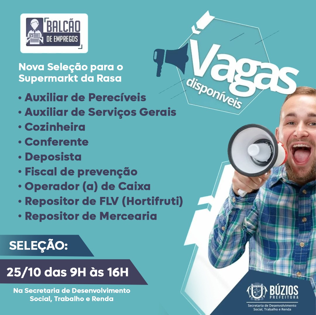 Balcão de Emprego de Búzios informa que será realizada nova pré-seleção de vagas para rede de supermercado no município
